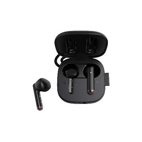 Schwarze In-Ear-Kopfhörer mit Ladecase vor weißem Hintergrund.
