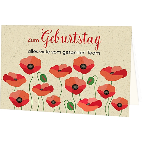 Birthday card with red poppies and the inscription: Happy birthday, best wishes from the entire team.