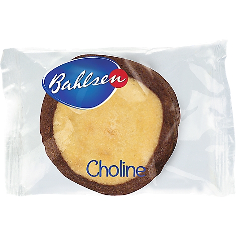 A single Choline pastry from Bahlsen, packaged. The pastry is round, with a light core and chocolate rim. The packaging reads 'Choline'.