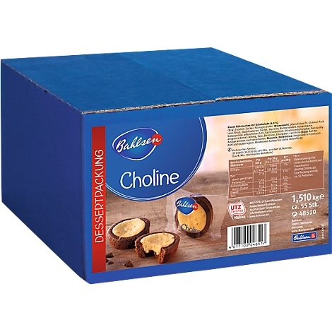 Blue box of cookies. It says Bahlsen Choline. Three pieces of cookies with filling are shown.