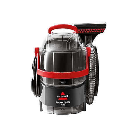 Schwarzer und roter Bissell SpotClean Pro Teppichreiniger vor weißem Hintergrund.