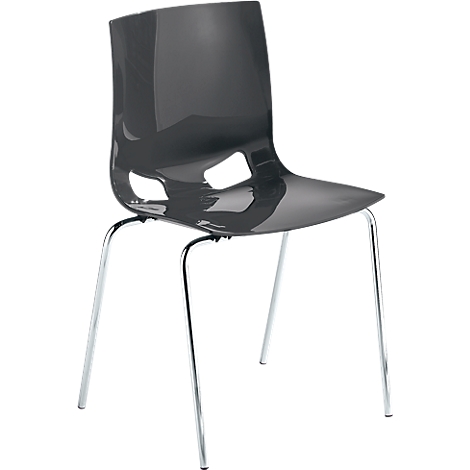 Grey, transparent chair with four silver legs. The seat has two cutouts.