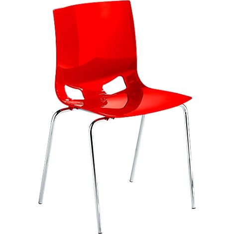 Red plastic chair with chrome legs, two holes in the backrest.