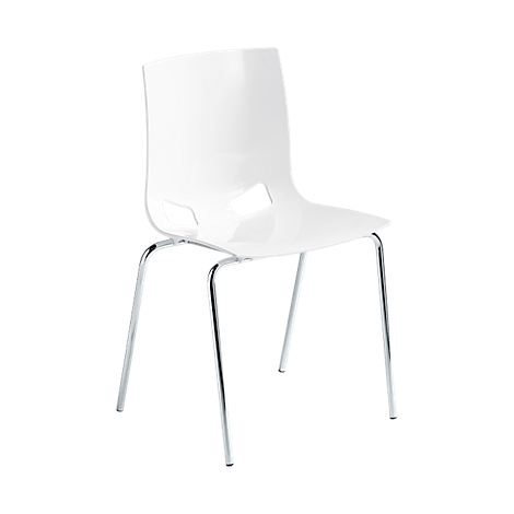 White plastic chair with chrome legs, hole in the backrest.
