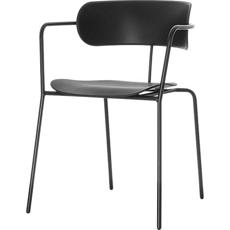 Black chair with curved lines and armrests. Seat and backrest are molded in one piece.