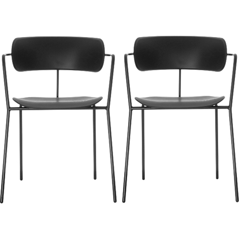 Two black chairs, minimalist design, against a white background.
