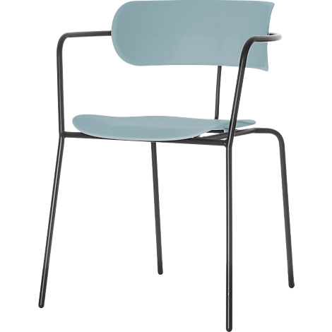 Light blue chair with black frame. Seat and backrest light blue, armrests integrated. Slim, dark legs.