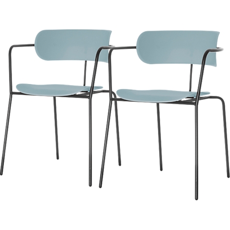 Two light blue chairs with black metal frames. The backrests are curved.