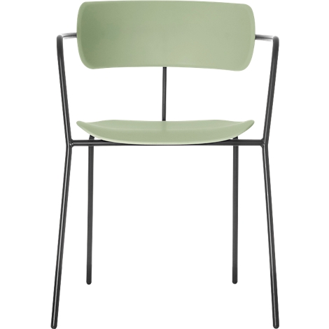 Light green chair with black metal frame; minimalist design, backrest and seat form a unit.