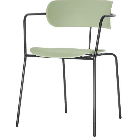 A chair with a green seat and backrest, black frame with armrests.