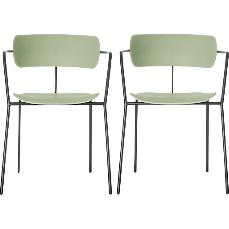 Two green chairs with a black frame, against a white background.