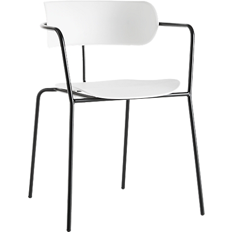 A white chair with black metal legs and armrests. The back and seat are white, the frame is black.