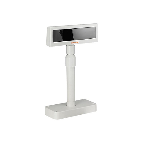 Un terminal d'affichage client blanc avec un écran noir. L'écran est fixé à une base.
