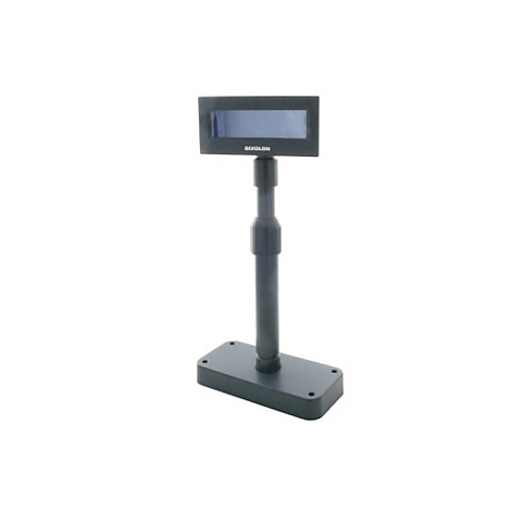 Schwarzes Kundendisplay mit Sockel, Stange und Bildschirm. Auf dem Display steht 'Bixolon'.
