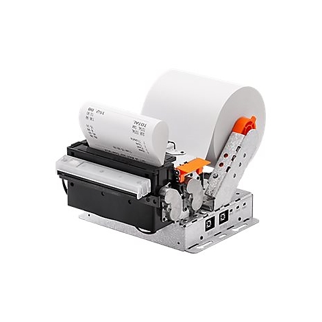 Kassenbon-Drucker druckt einen Bon, eine Rolle Papier ist eingerollt. Orangefarbene Details.