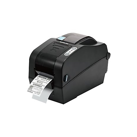 Schwarzer Etikettendrucker mit weißem Etikett, das bedruckt wird.