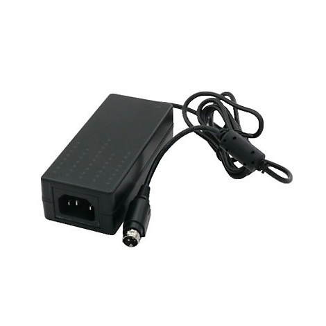 Schwarzes Netzteil mit Kabeln und Stecker auf weißem Hintergrund.