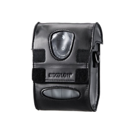 Étui d'appareil photo noir avec fenêtre et fermetures velcro. Texte : "Gekonnt".