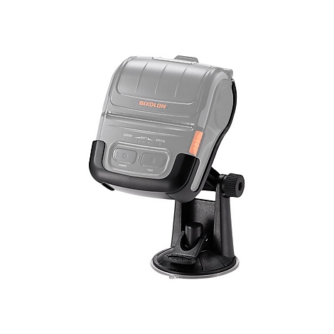 Grauer Bixolon-Thermodrucker in Halterung, montiert an einer Windschutzscheibe. Mit 'BIXOLON'-Schriftzug.
