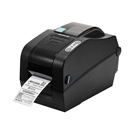 Schwarzer Etikettendrucker mit einem ausgedruckten Etikett, auf dem Informationen wie Barcodes und Text zu sehen sind. Marke: BIXOLON.