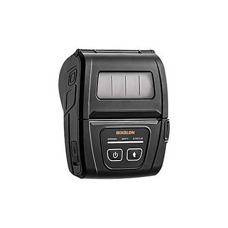 Imprimante mobile noire avec écran et boutons.