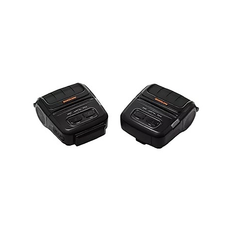 Zwei schwarze, rechteckige Drucker mit abgerundeten Ecken, Logos, Knöpfen und Anschlüssen.