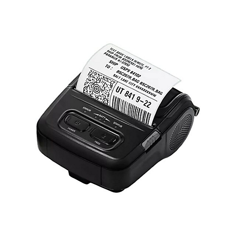 Schwarzer Etikettendrucker mit Versandetikett, Text, Barcode. Auf dem Drucker befinden sich Knöpfe.