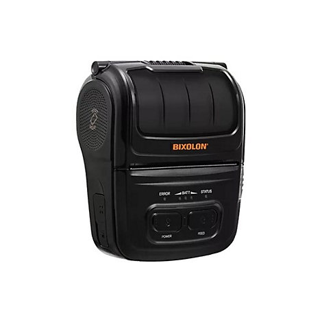 Schwarzer mobiler Drucker. Oben steht 'Bixolon'. Knöpfe für 'Power' und 'Feed'.