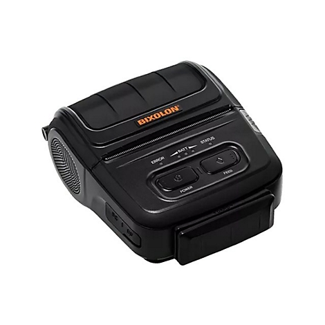 Schwarzer mobiler Drucker mit Tasten für Leistung, Feed, Fehler und Status. Orangefarbener "BIXOLON"-Schriftzug.