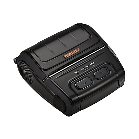 Schwarzer mobiler Drucker mit Logo "BIXOLON" und Knöpfen. Leere Papierausgabe. Auf weißem Hintergrund.