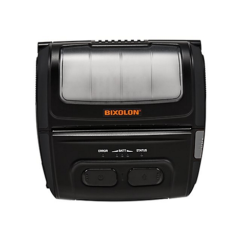 Schwarzer, kompakter Bixolon-Mobildrucker von oben mit Tasten und LED-Anzeigen für Fehler, Batterie und Status.