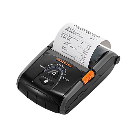 Imprimante de reçus mobile noire avec un reçu indiquant les détails de la facturation. L'appareil est doté de boutons orange et du logo 'BIXOLON'.