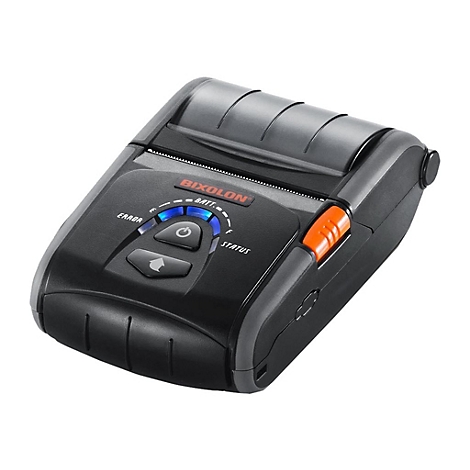 Schwarzer mobiler Drucker mit orangefarbenem Knopf und blau leuchtenden LED-Anzeigen. Das Gerät trägt den Schriftzug 'BIXOLON'.