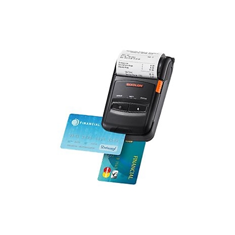 Imprimante de reçus mobile noire, détails orange, avec reçu et deux cartes de crédit.