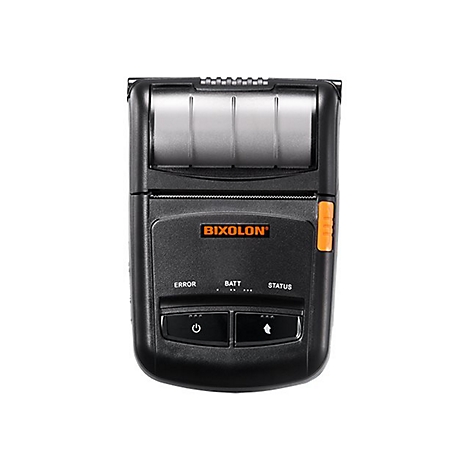 Schwarzer mobiler Drucker mit Orangefarbenen Akzenten, Bixolon Logo. Unten Knöpfe und Statusanzeigen.