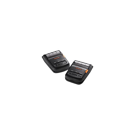 Zwei schwarze, rechteckige Thermodrucker, mit orangefarbenen Akzenten und Knöpfen.