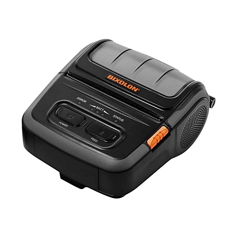 Imprimante thermique Bixolon noire. Couvercle gris, bouton orange et logo de l'entreprise. Boutons pour l'alimentation et l'avance.