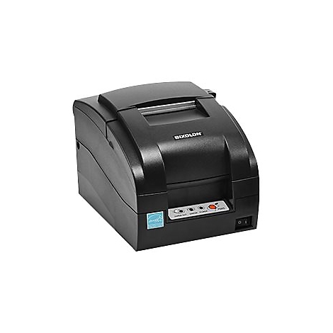 Schwarzer Bixolon-Thermodrucker. Auf der Vorderseite sind Knöpfe und ein Ein-/Ausschalter angebracht. Das Gerät steht vor weißem Hintergrund.