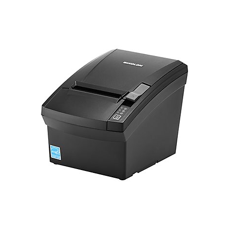 Schwarzer Bondrucker mit BIXOLON-Schriftzug. Es sind Tasten und ein Papierausgabefach zu sehen.