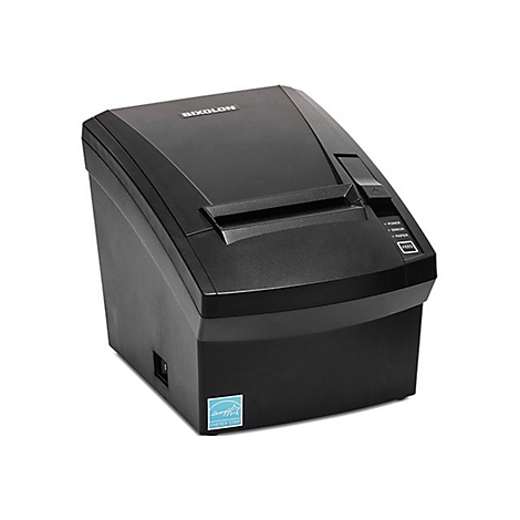 Schwarzer Bixolon-Thermodrucker mit Papierauswurf. Auf der Vorderseite sind die Statusanzeigen und das Feed-Feld zu sehen.