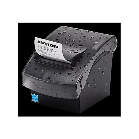 Schwarzer wasserfester Drucker mit Papierausdruck, umgeben von Wassertropfen. BIXOLON Logo.