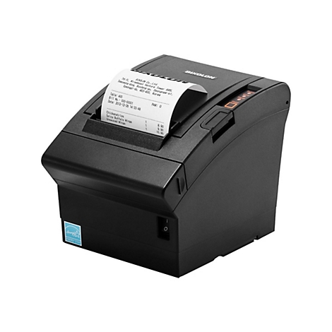 Une imprimante de reçus noire avec un reçu qui sort. Le reçu liste les articles à vendre.