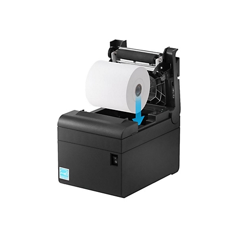 Schwarzer Thermodrucker mit Papierrolle, blaue Pfeil-Illustration, Energystar-Logo.