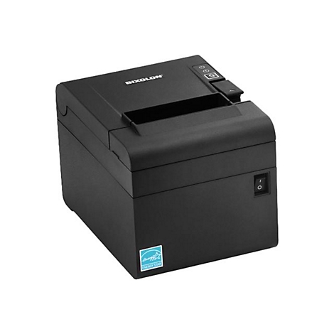 Schwarzer Bixolon-Thermodrucker. Auf der Oberseite befinden sich Knöpfe. An der Seite ist ein Netzschalter.