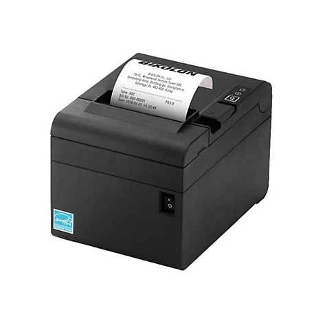 Schwarzer Bondrucker mit Papierausschnitt und Energie-Stern-Logo.