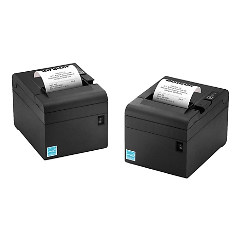 Zwei schwarze Bondrucker mit Papierausschnitt und Ausdruck. Auf dem Papier sind Informationen zu sehen.