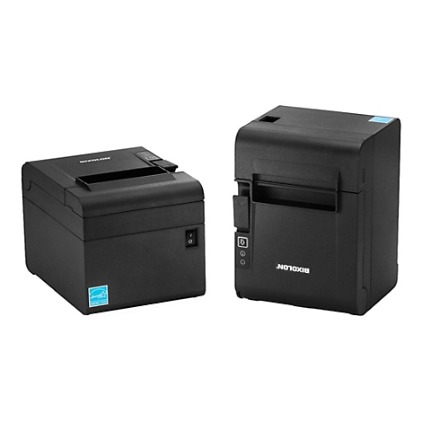 Zwei schwarze Bixolon-Thermodrucker nebeneinander. Links ist ein kleinerer Drucker mit Energiesparlogo.