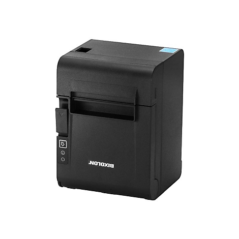 Schwarzer Bixolon-Thermodrucker. Auf der Vorderseite sind Knöpfe und ein Hebel zu sehen. Auf der Seite ist ein kleines blaues Etikett.