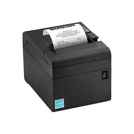 Imprimante de reçus noire, sortie papier, détails du texte sur le papier.