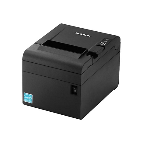 Imprimante thermique Bixolon noire ; logo, interrupteur d'alimentation, logo Energy Star.